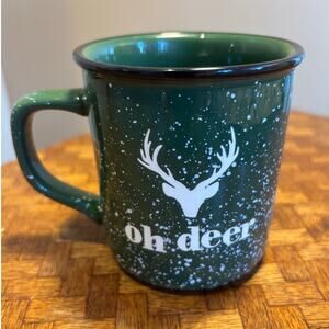 CRATE & BARREL "Oh Deer" Ceramic Christmas Mug Green with White Speckles 12 oz